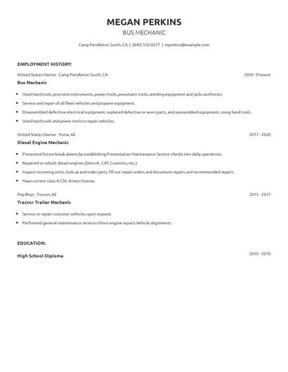 Bus Mechanic Resume