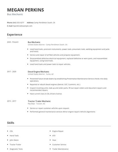 Bus Mechanic Resume