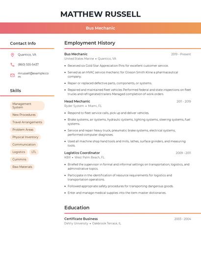 Bus Mechanic Resume