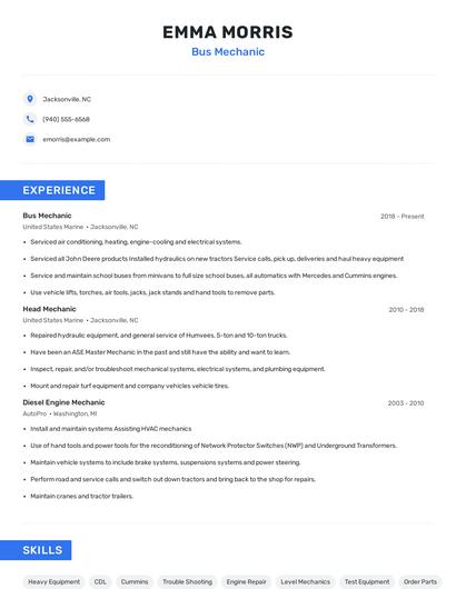 Bus Mechanic Resume