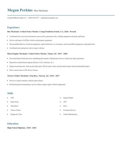 Bus Mechanic Resume