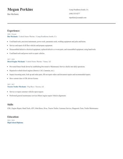 Bus Mechanic Resume