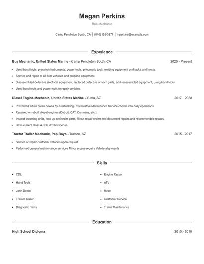Bus Mechanic Resume