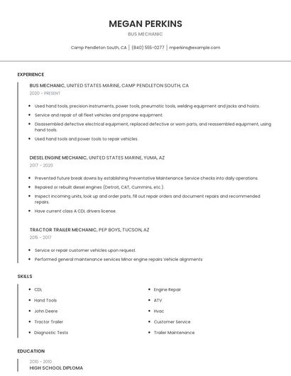 Bus Mechanic Resume