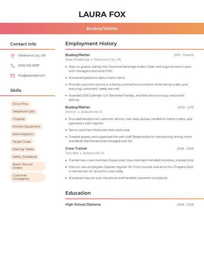 Busboy/Waiter Resume