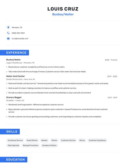 Busboy/Waiter Resume