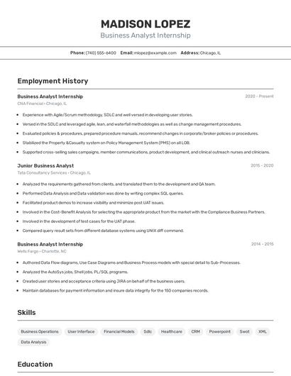 Business Analyst Internship Resume