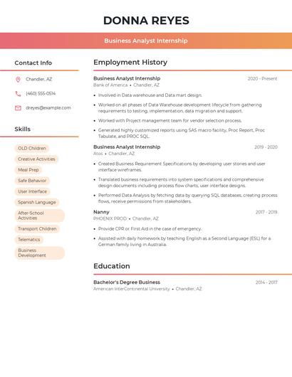 Business Analyst Internship Resume