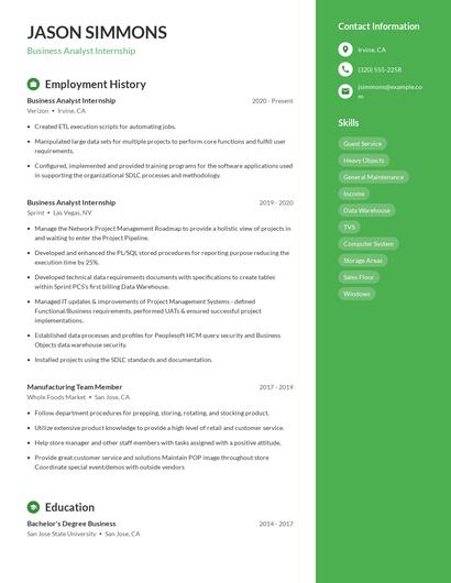 Business Analyst Internship Resume