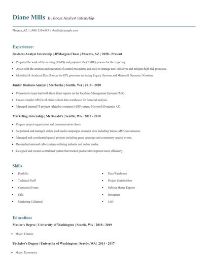 Business Analyst Internship Resume