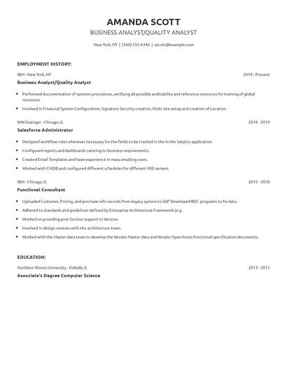 Business Analyst/Quality Analyst Resume