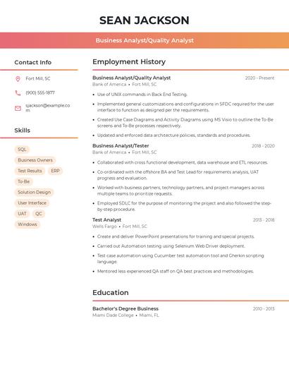 Business Analyst/Quality Analyst Resume