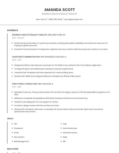 Business Analyst/Quality Analyst Resume