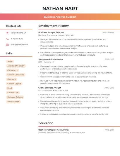 Business Analyst, Support Resume