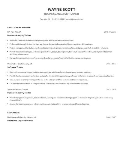 Business Analyst/Trainer Resume