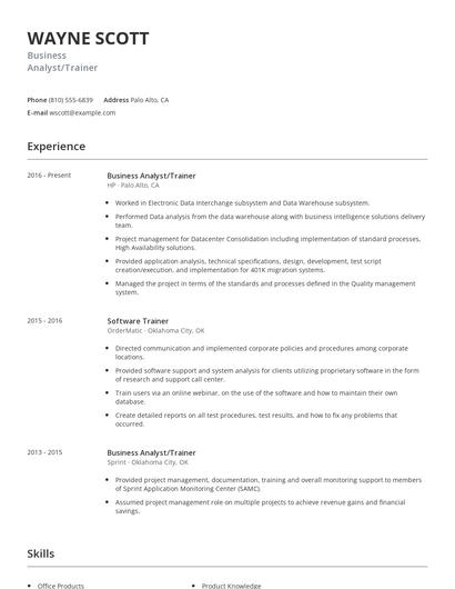 Business Analyst/Trainer Resume
