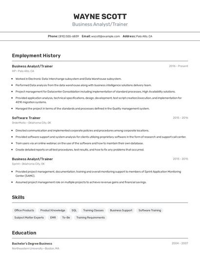 Business Analyst/Trainer Resume