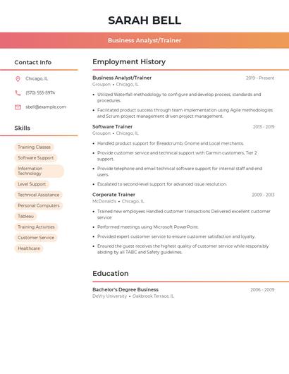 Business Analyst/Trainer Resume