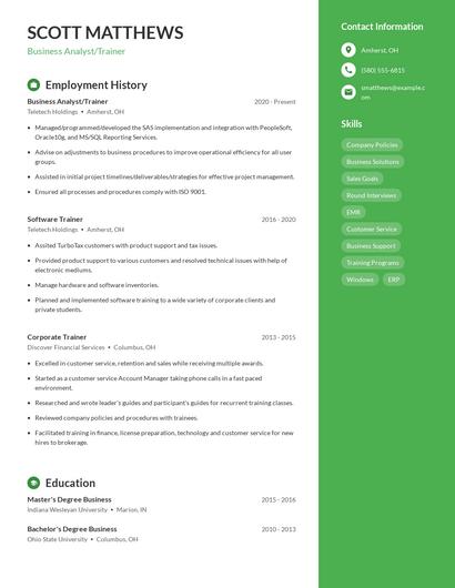 Business Analyst/Trainer Resume