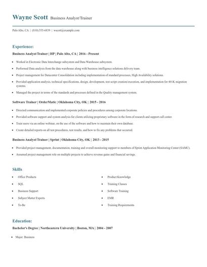 Business Analyst/Trainer Resume