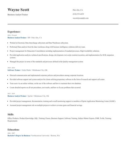 Business Analyst/Trainer Resume