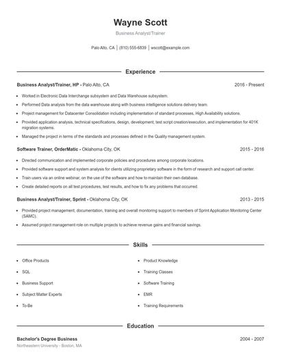 Business Analyst/Trainer Resume