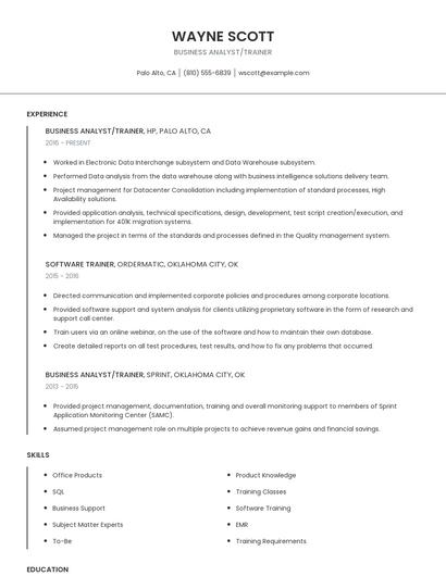 Business Analyst/Trainer Resume