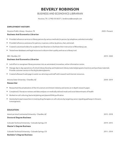 Business And Economics Librarian Resume
