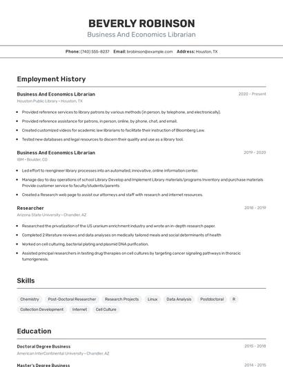 Business And Economics Librarian Resume