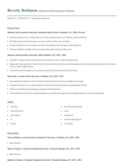 Business And Economics Librarian Resume