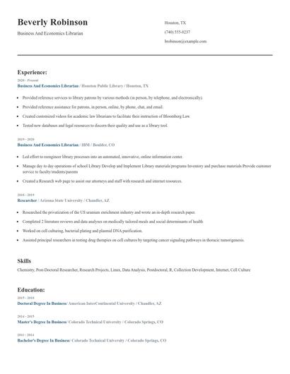 Business And Economics Librarian Resume
