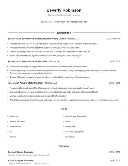 Business And Economics Librarian Resume