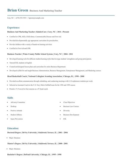 Business And Marketing Teacher Resume