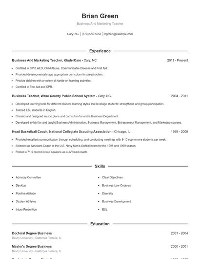 Business And Marketing Teacher Resume