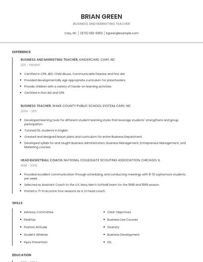 Business And Marketing Teacher Resume