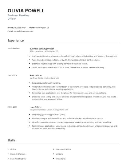 Business Banking Officer Resume