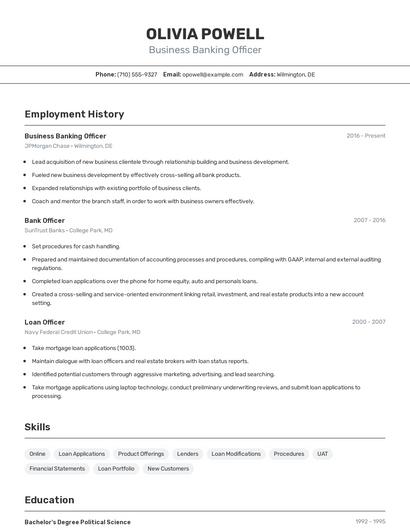 Business Banking Officer Resume