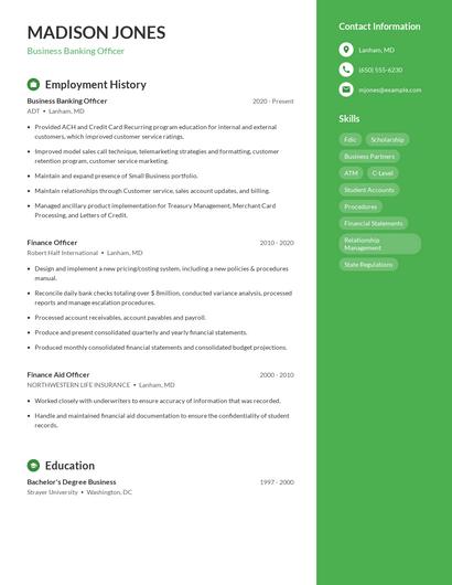 Business Banking Officer Resume