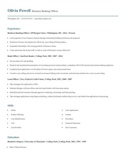 Business Banking Officer Resume