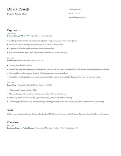 Business Banking Officer Resume