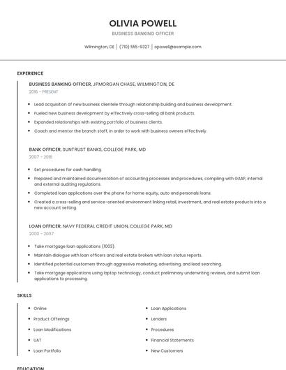 Business Banking Officer Resume