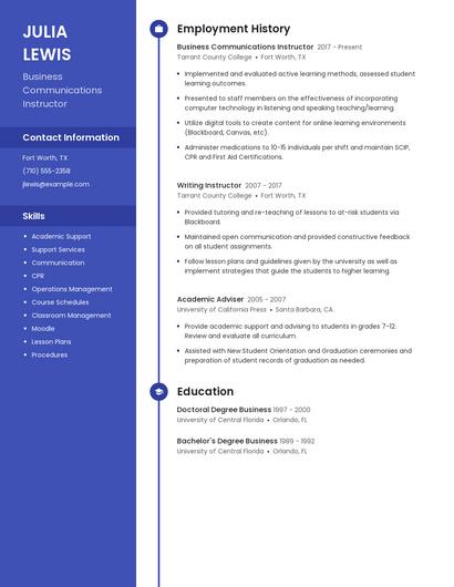 Business Communications Instructor Resume