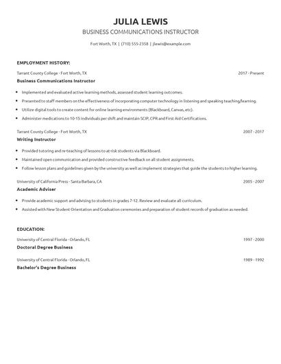 Business Communications Instructor Resume