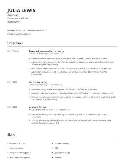 Business Communications Instructor Resume