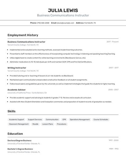 Business Communications Instructor Resume