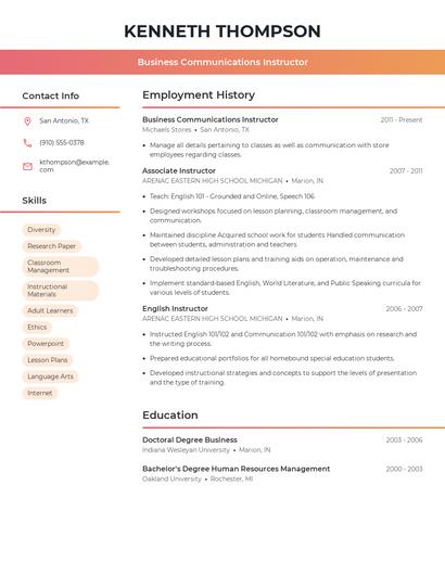 Business Communications Instructor Resume