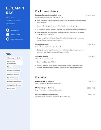 Business Communications Instructor Resume