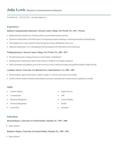 Business Communications Instructor Resume