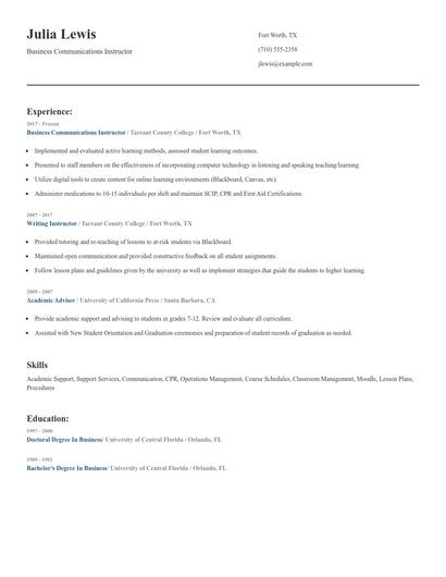 Business Communications Instructor Resume