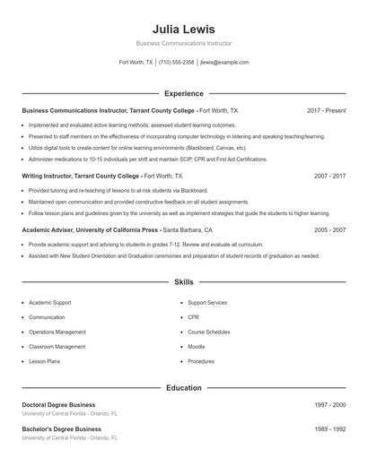 Business Communications Instructor Resume